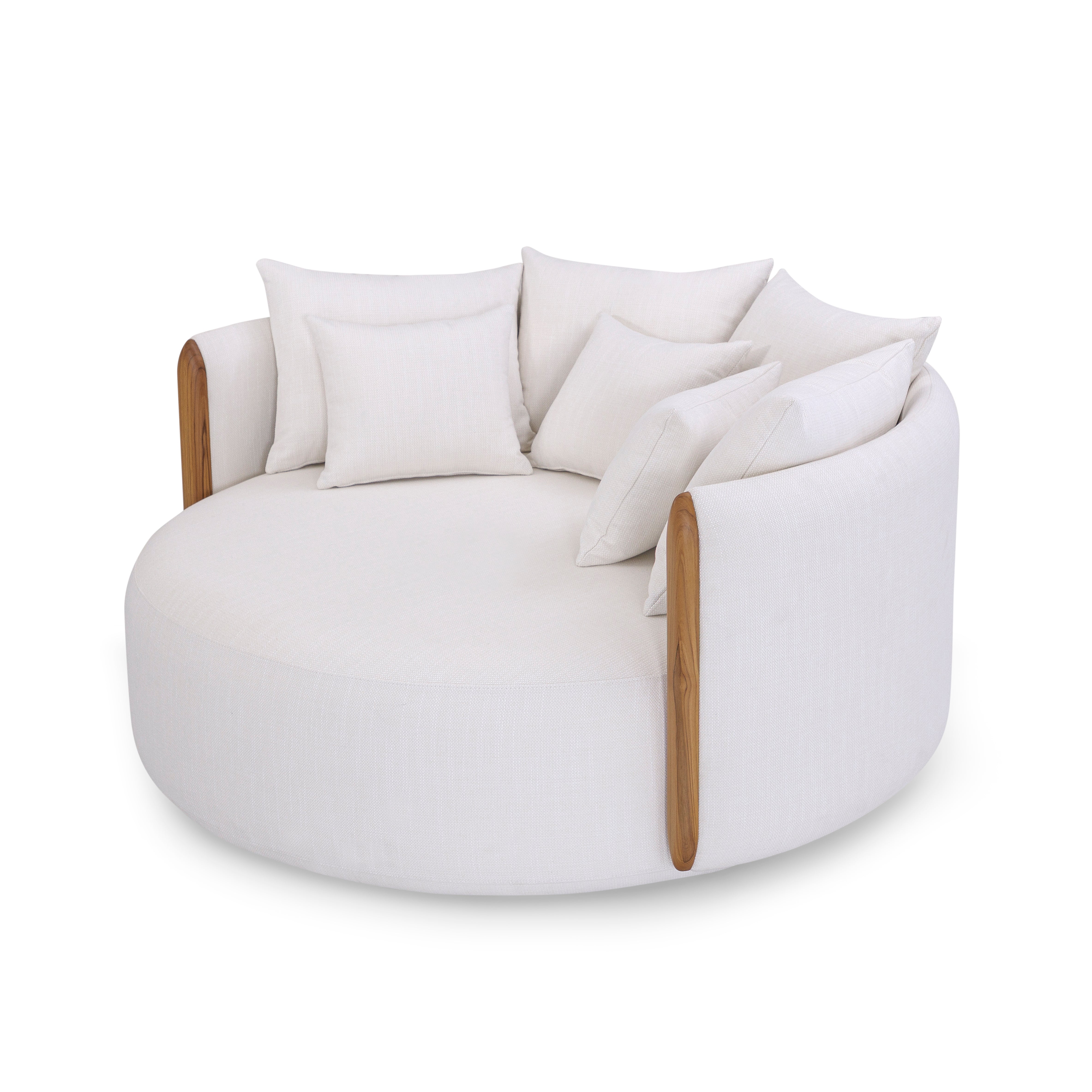 Round white chair with wooden armrests and cushions on a white background