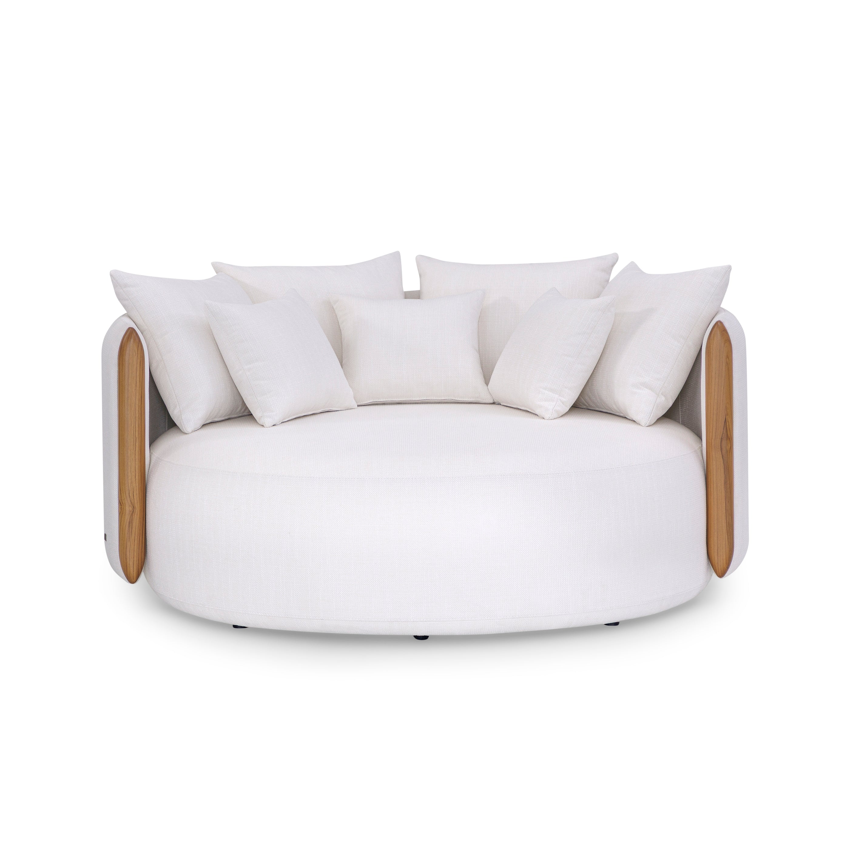 White circular sofa with wooden edges and white cushions on a white background