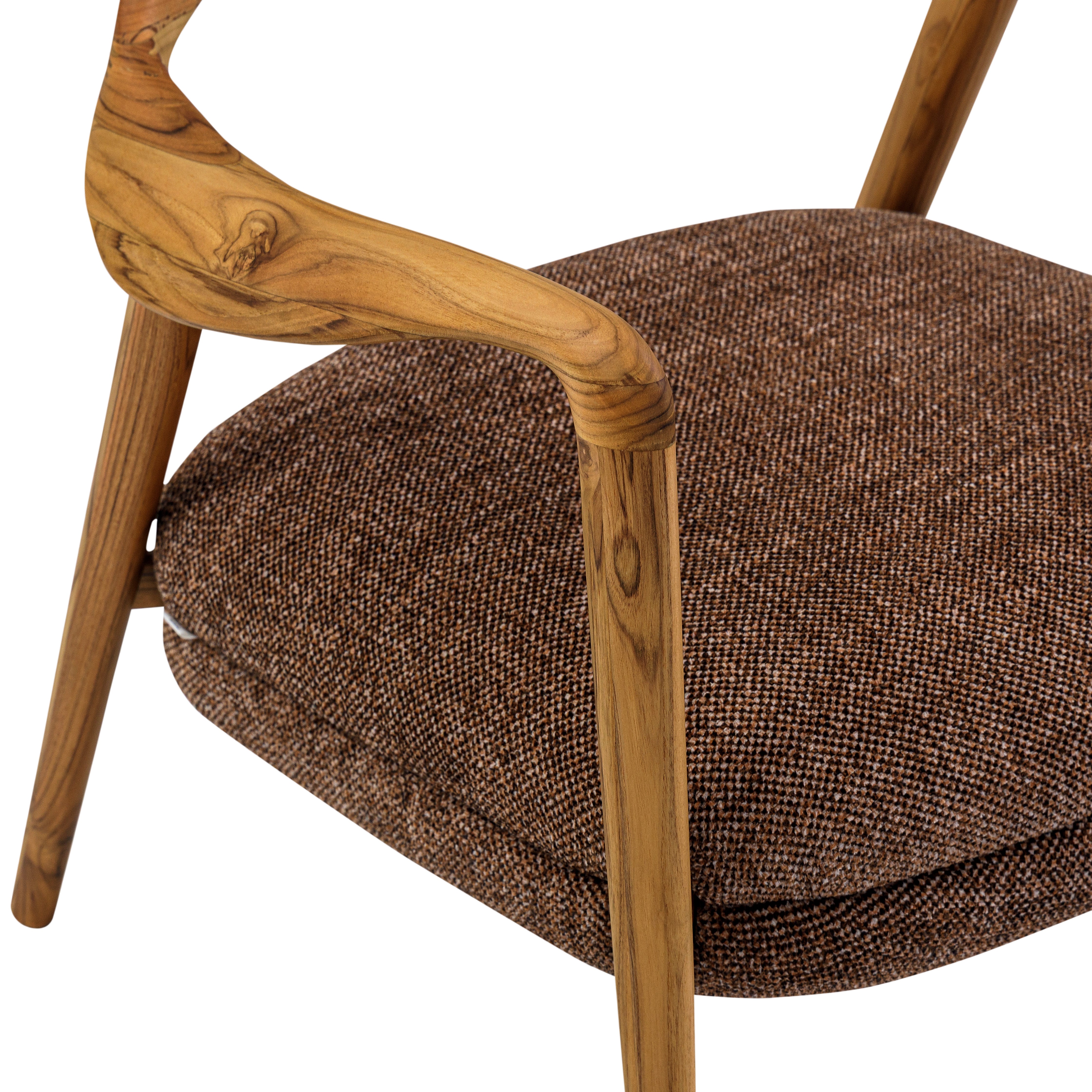 Chair with wooden armrests and brown fabric seat on a white background