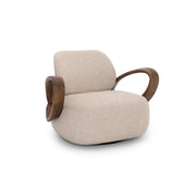 Beige armchair with wooden armrests on a white background