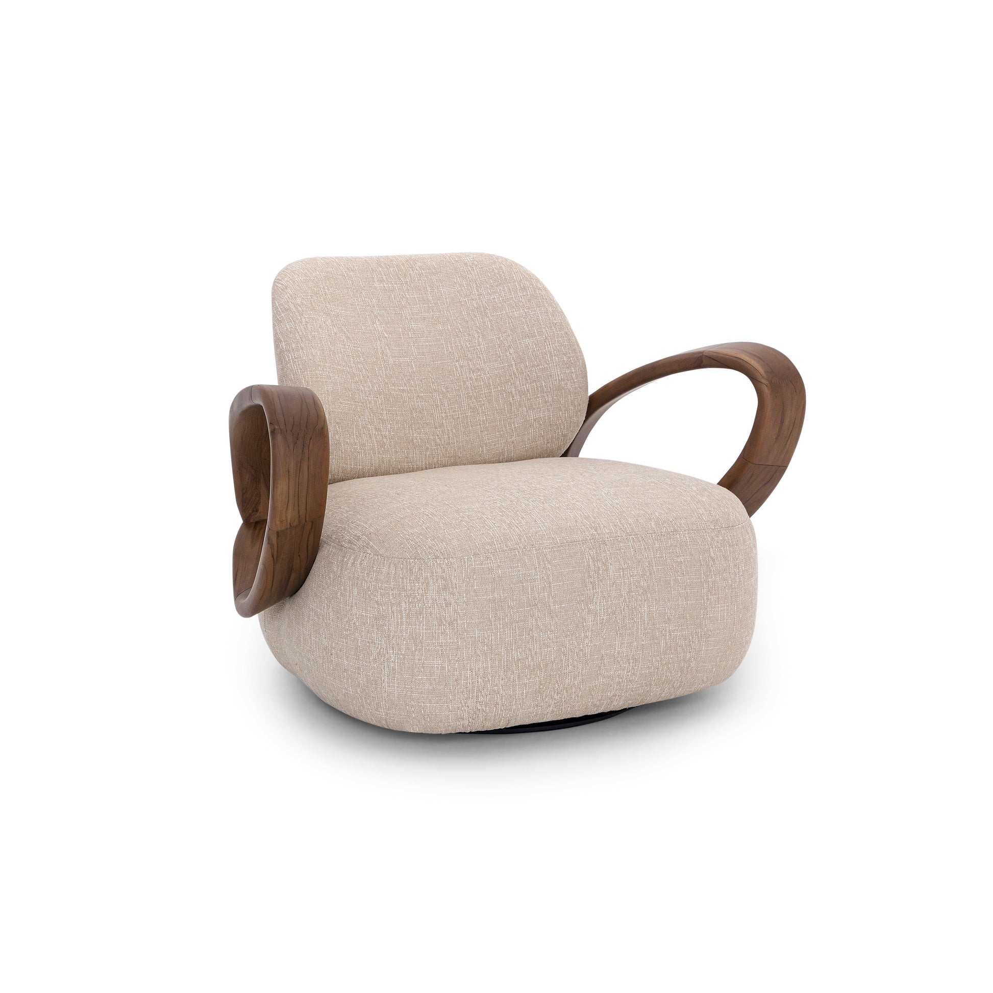 Beige armchair with wooden armrests on a white background