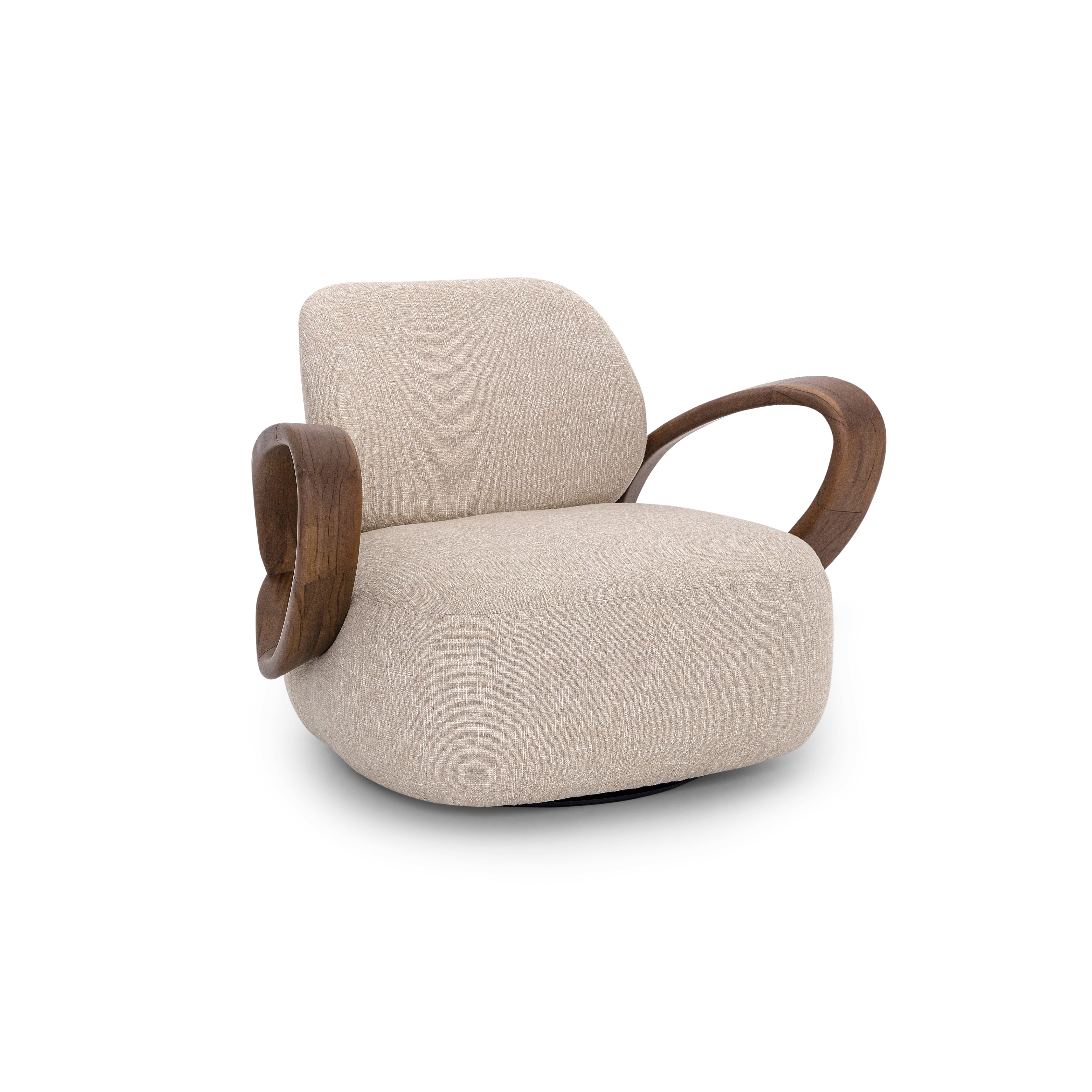 Beige armchair with wooden armrests on a white background
