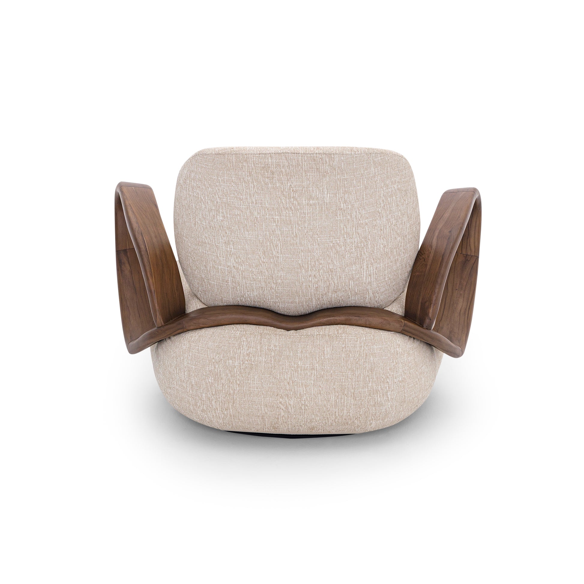 Beige armchair with wooden armrests on a white background
