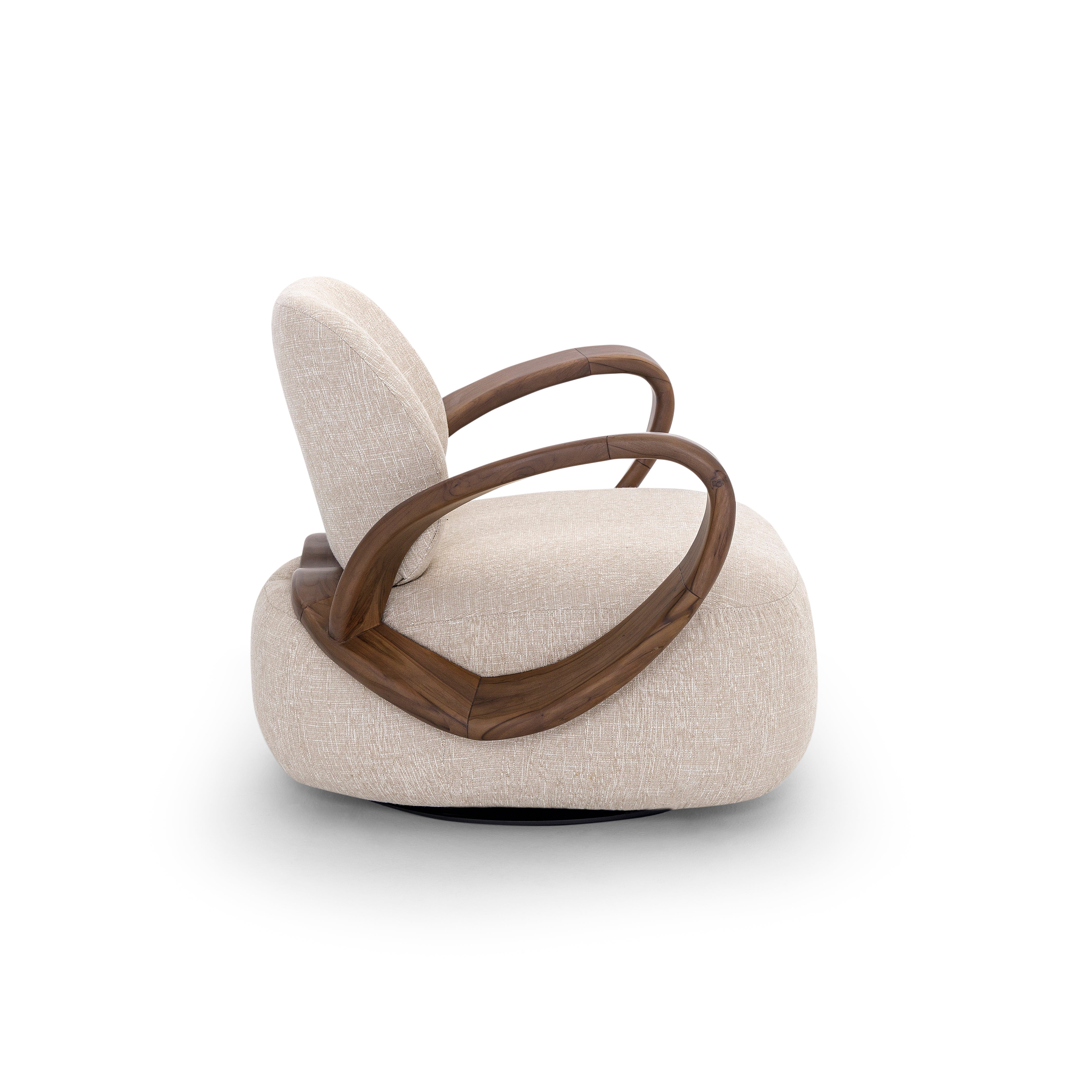 Modern chair with beige cushion and wooden armrests on a white background