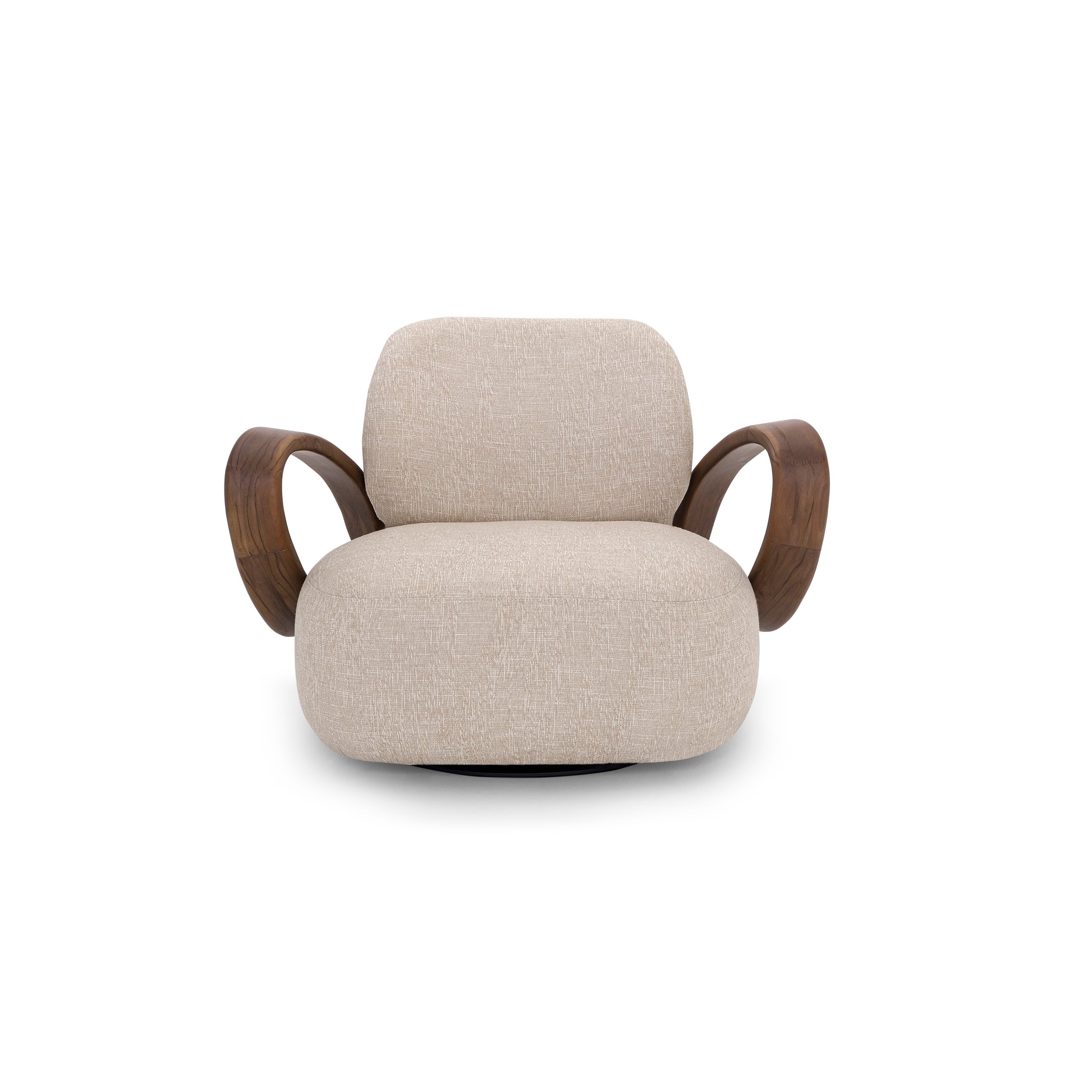 Beige armchair with wooden armrests on a white background
