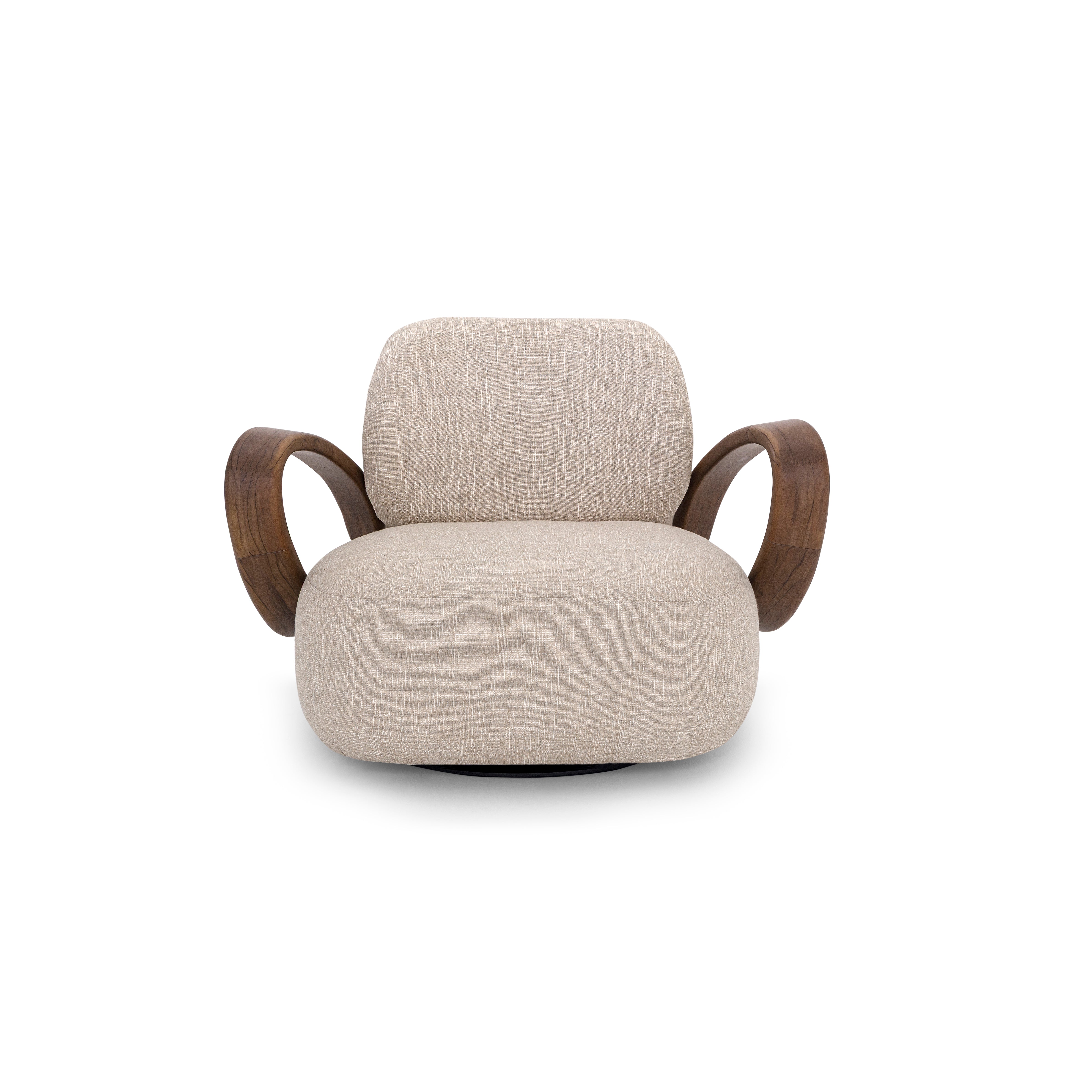 Beige armchair with wooden armrests on a white background
