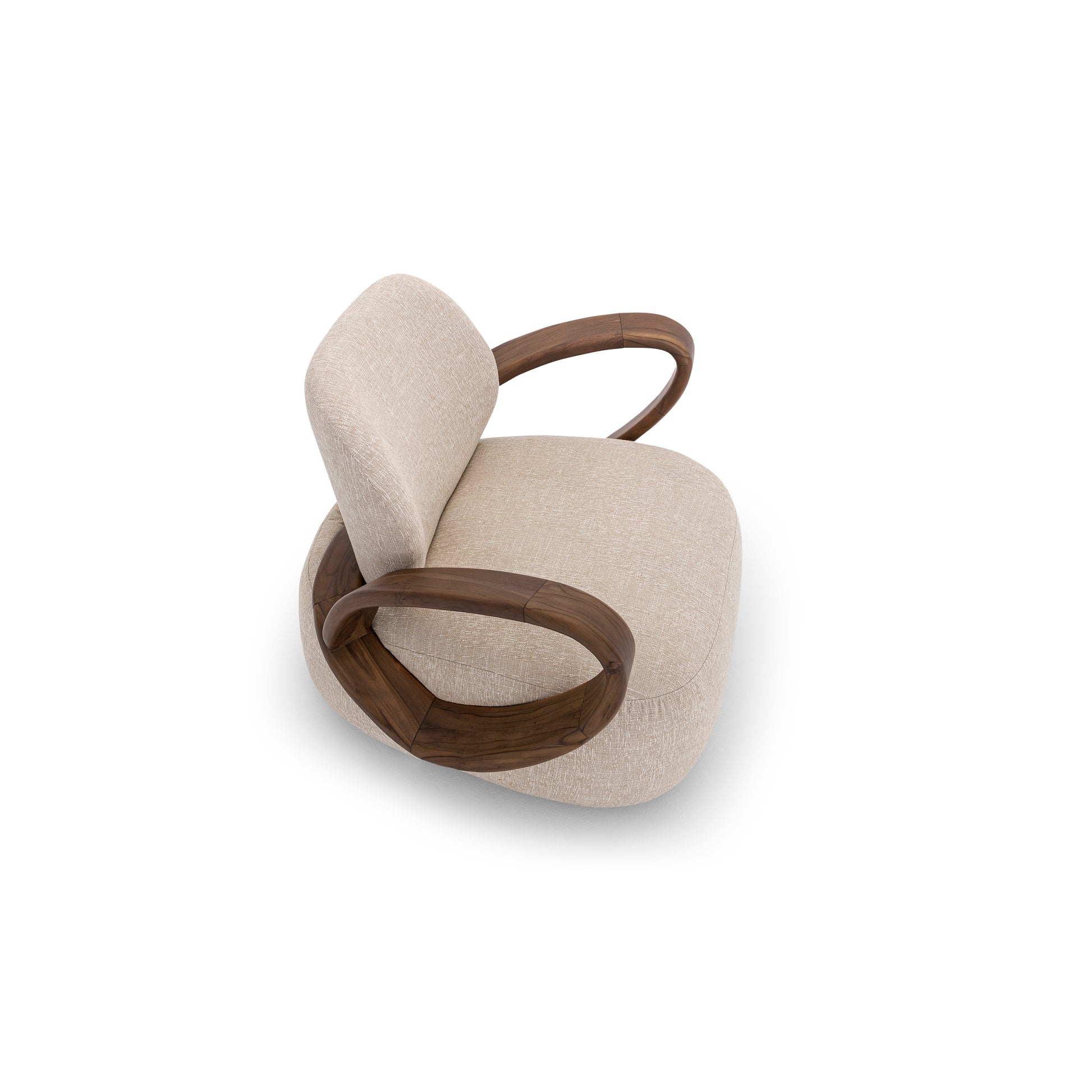 Modern chair with beige fabric and wooden armrests on a white background