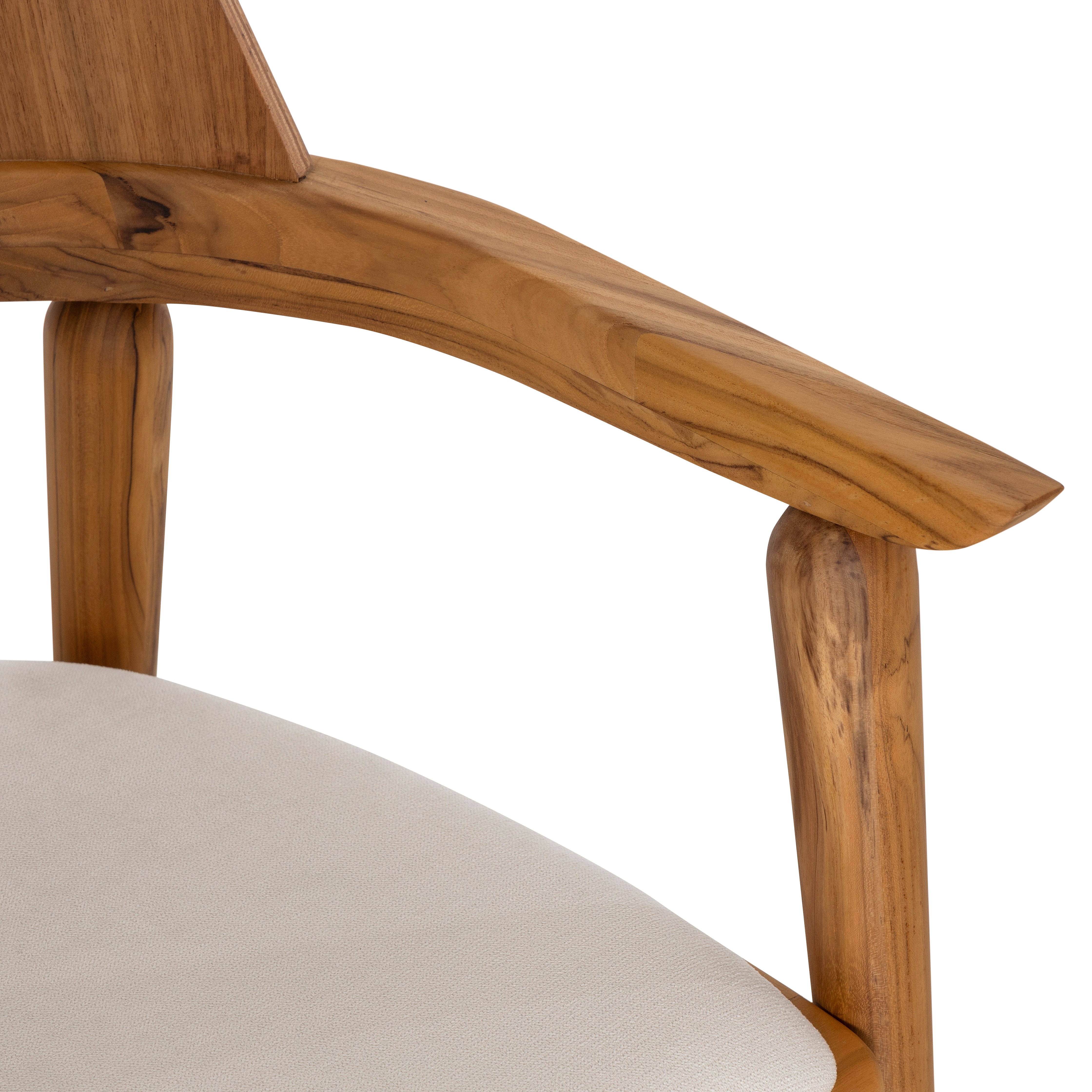 Close-up of a wooden chair with a beige cushion on a white background